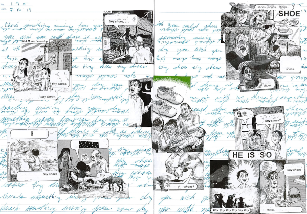 A collage titled, 'There's something missing from your day
     you wish you could share it with us,' featuring handwriting
     and images from a pamphlet published by Chick Ltd.